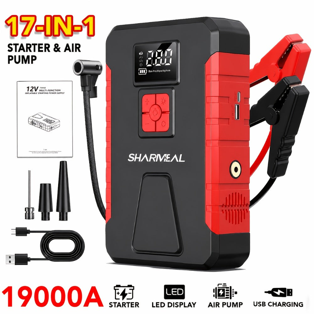 Portable Jump Starter with Air Compressor – 15000A-19000A Peak 350PSI 12V 17-in-1 Car Battery Jump Starter, Digital Display