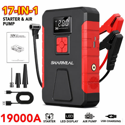 Portable Jump Starter with Air Compressor – 15000A-19000A Peak 350PSI 12V 17-in-1 Car Battery Jump Starter, Digital Display