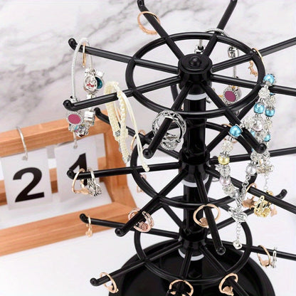 Jewelry Organizer 2-Tier Rotating Black Plastic Stand for Necklaces, Bracelets, Earrings and Keychains