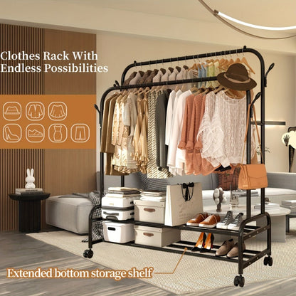 Double Rod Clothes Rack with Wheels Metal Garment Rack with Shelves and Hooks Portable Closet Organizer for Bedroom Living Room Gold