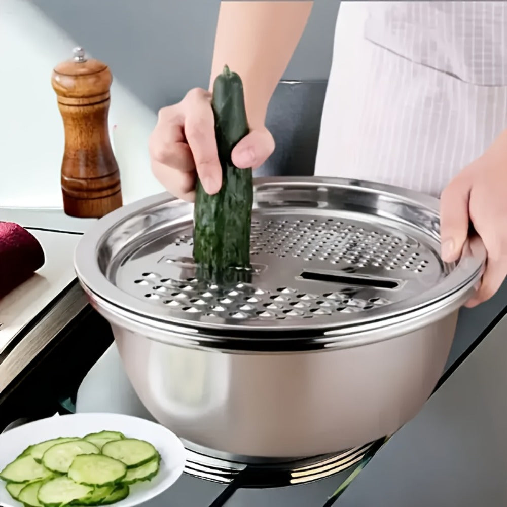Stainless Steel 3-in-1 Kitchen Prep Set with Mixing Bowl Built-In Grinder Multi-Layer Slicer for Home Cooking, Dining and Outdoor Meals