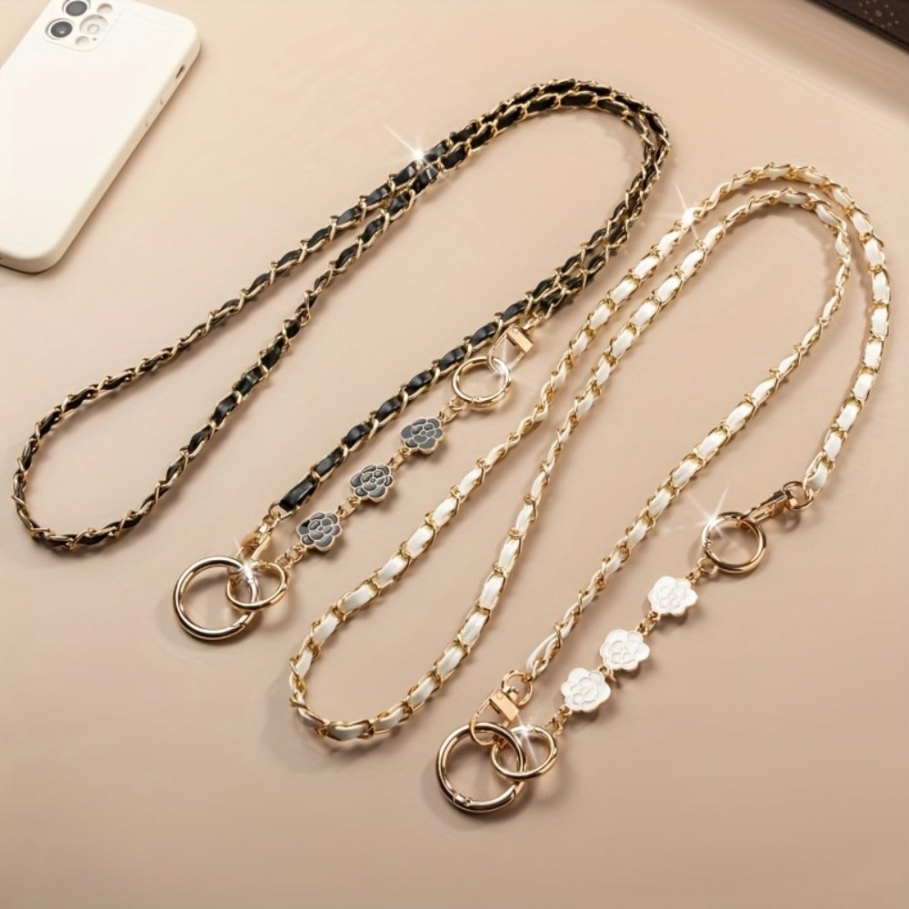 Crossbody Phone Strap Long Chain Pearl Camellia Metal Charm Elegant Lanyard for Women Girls