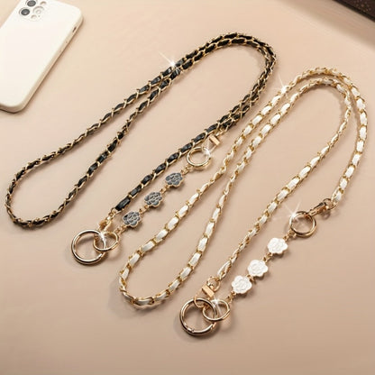 Crossbody Phone Strap Long Chain Pearl Camellia Metal Charm Elegant Lanyard for Women Girls