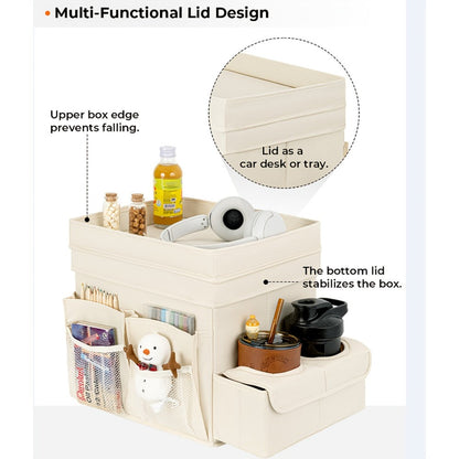 Seat-Top Car Organizer Box with Open Tray, Cup Recesses, Side Pockets and Four Size-Color Options