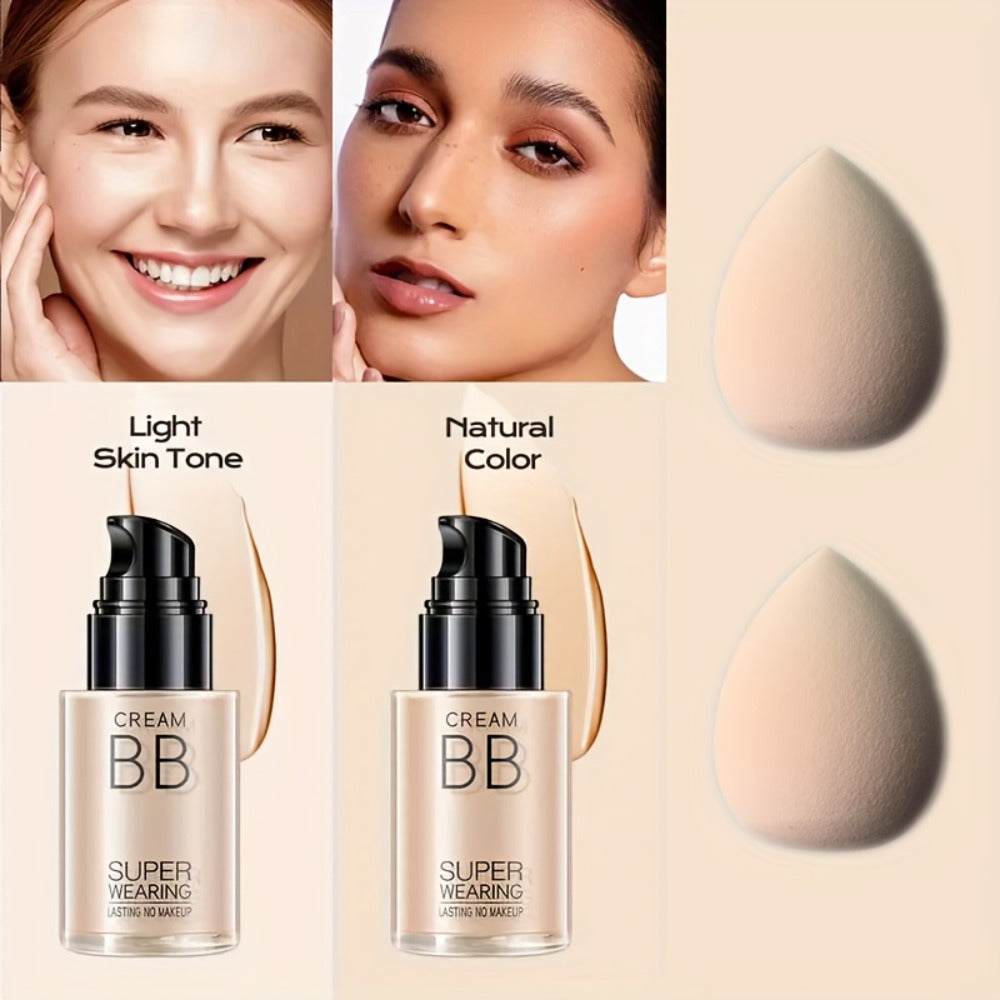 BB Cream Liquid Foundation Set 2-Piece with Makeup Sponge, for Makeup, Travel and Everyday Vanity Use