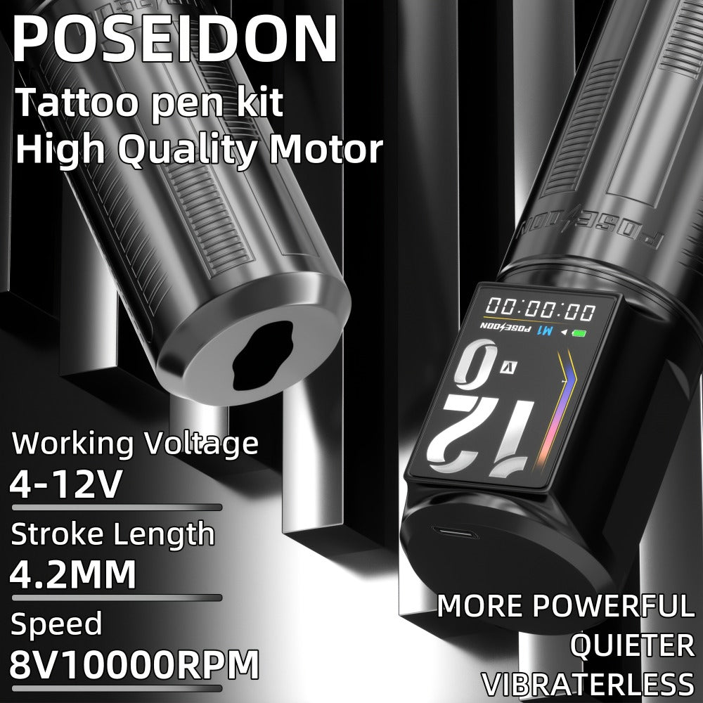 Tattoo Machine Kit POSEIDON BT29 Wireless Rotary Pen with LED Color Screen, 2300mAh Battery, 10 Cartridges and 11 Inks