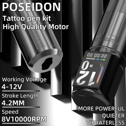 Tattoo Machine Kit POSEIDON BT29 Wireless Rotary Pen with LED Color Screen, 2300mAh Battery, 10 Cartridges and 11 Inks