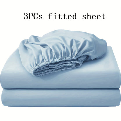 Three-Piece Solid-Color Fitted Sheet Set with Two Pillowcases, Nine Colors and Four Bed Sizes