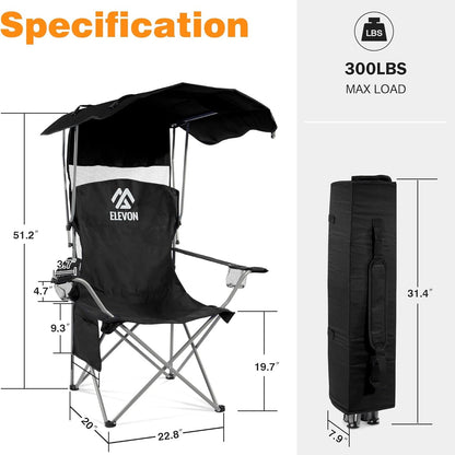 Folding Camping Chair with Optional Sunshade Canopy, Cup Holders, Carry Bag and Black, Red or Blue Configurations