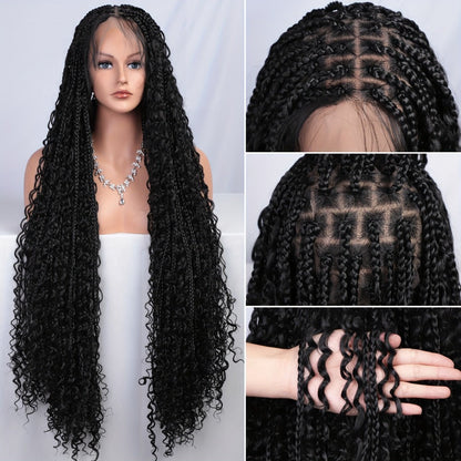 Thirty-Six-Inch Bohemian Square-Braid Wig with Curly Ends and Four Black, Blonde or Burgundy Options
