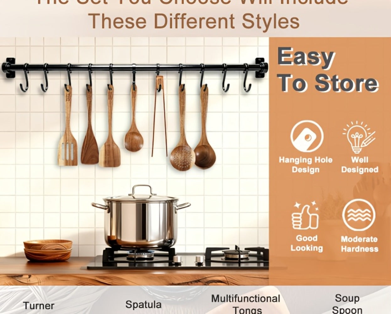 Kitchen Utensils by JIASING, 3-, 5- or 7-Piece Wood Spoon, Spatula, Ladle and Egg-Beater Set Options