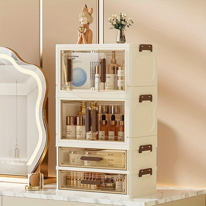 Modular Makeup Storage Cabinet with One or Two Doors, Two Transparent Drawers and White-Gold Trim
