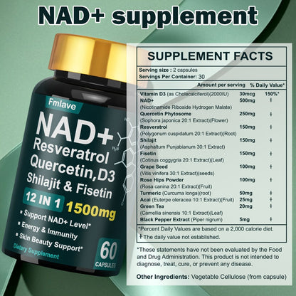 NAD+ Supplement Capsules 1500mg 12-in-1 with Nicotinamide Riboside & Quercetin for Bath Time, Home Spa and Personal Care