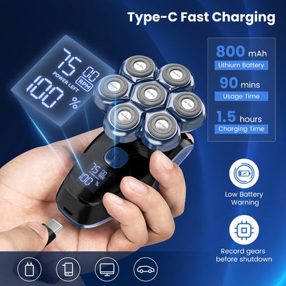 Skull Shaver for Bald Men 5-in-1 Rechargeable Rotary Electric Razor - 7D Floating Heads, 3-Speed LED Display Grooming Kit