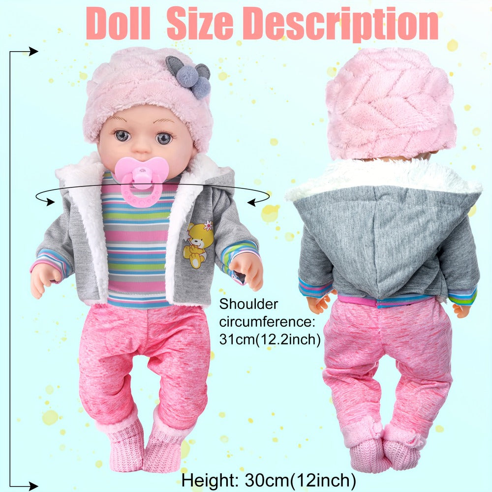 Winter Outfit Baby Doll Set 12 Inch Plush Coat Movable Limbs Clothes Socks Pacifier Bottle Utensils Nurturing Play Gift for Girls Kids Ages