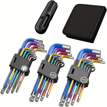 Hex Wrench Set 27-Piece – Color-Coded Long Ball End & Star Hex Keys with T-Handle | Chrome Vanadium Steel | Metric 1.5–10mm, SAE 1/16”–3/8”