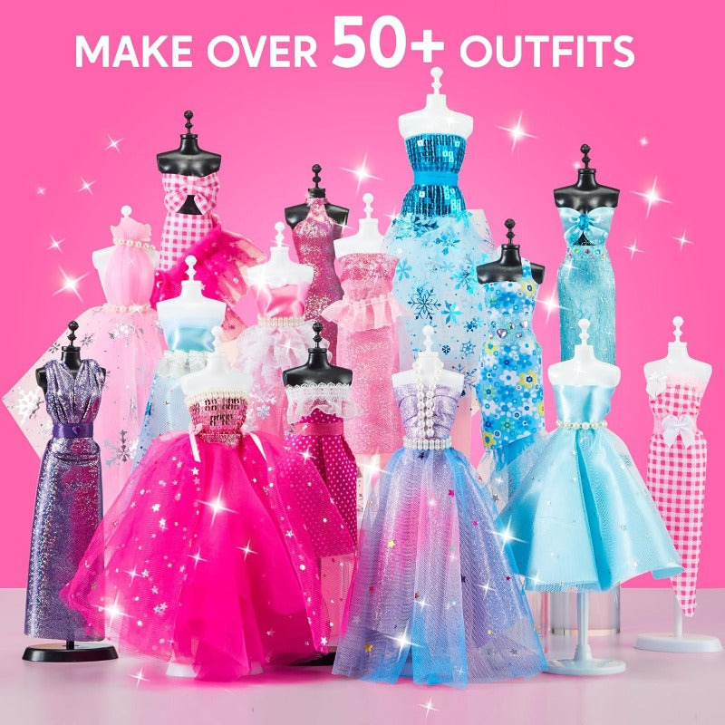 Fashion Design Kit for Girls 400+ Pieces, 3 Mannequins 21 Fabrics Ribbons Trims No-Sew DIY Dress Up Craft Set