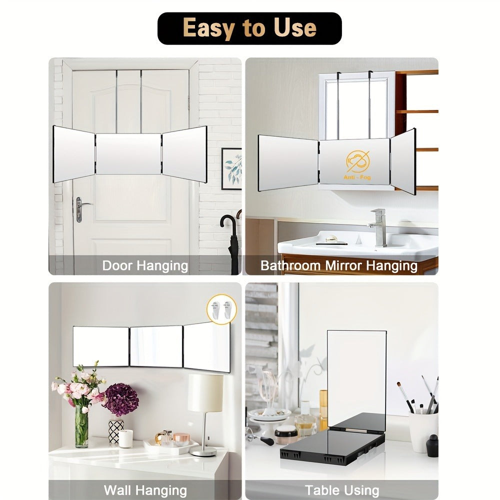 3-Way Self Haircut Mirror with LED Light & Accessories – 360° View Anti-Fog HD Glass, Height Adjustable Door Wall Table Mount