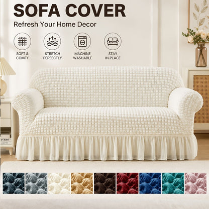 Seersucker Sofa Slipcover Elastic Band Closure Pet-Friendly All-Purpose Sofa Cover for Living Room Home Decor Protection