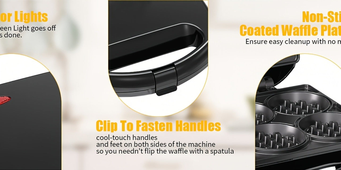 Mini Waffle Maker Machine Makes 8 Bite-Sized 2-Inch Waffles, Dual Non-Stick Aluminum Plates, Cool-Touch Handle