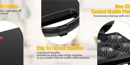 Mini Waffle Maker Machine Makes 8 Bite-Sized 2-Inch Waffles, Dual Non-Stick Aluminum Plates, Cool-Touch Handle