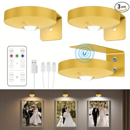 Picture Lights for Wall Rechargeable, Magnetic LED Art Display Light with Remote 3 Color Temperatures Dimmable Timer Golden Finish