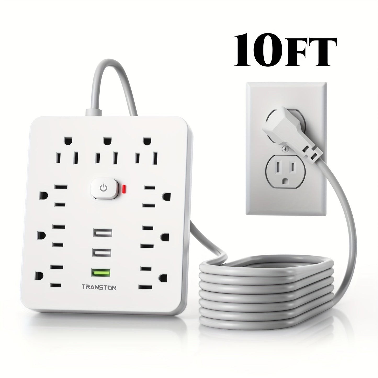 Power Strip with USB Ports, 12-in-1 with 45-Degree Angled Plug, 9 AC Outlets, 3 USB-A Ports and 10-Foot Extension Cord