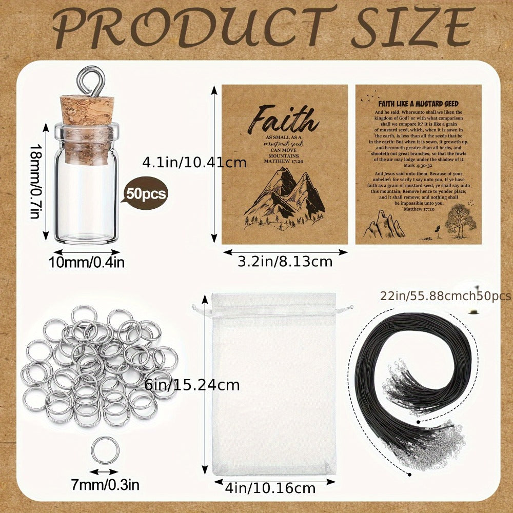 Mustard Seed Faith Necklace Kit 50 Sets - DIY Mini Glass Jar Craft Necklace with Christian Faith Cards