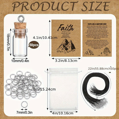 Mustard Seed Faith Necklace Kit 50 Sets - DIY Mini Glass Jar Craft Necklace with Christian Faith Cards