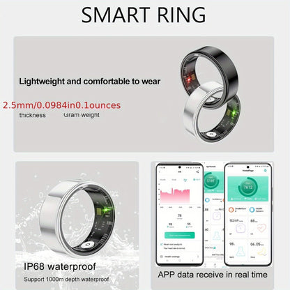Smart Ring Health & Fitness Tracker Titanium – IP68 Waterproof, Sleep Heart Rate Step Calorie Stress Monitor, BLE 5.3 Magnetic Charging