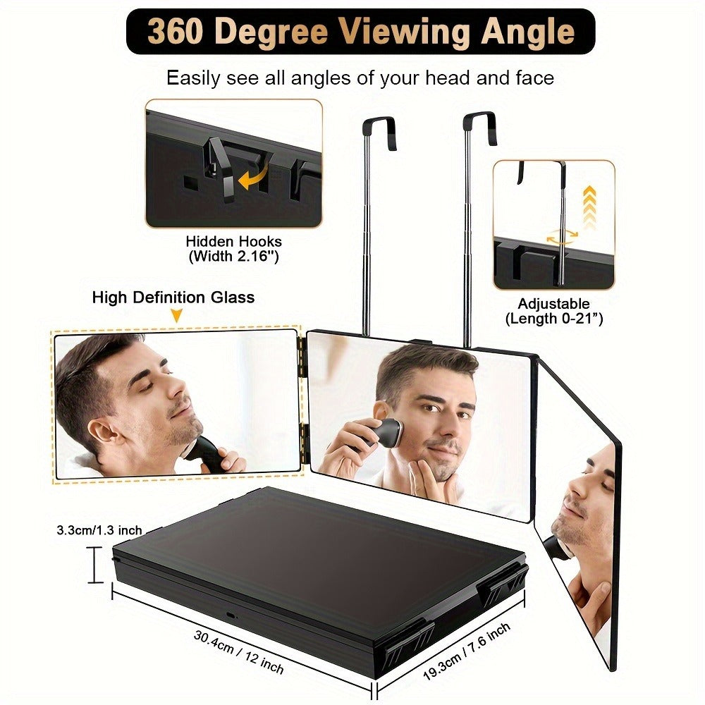 3-Way Self Haircut Mirror with LED Light & Accessories – 360° View Anti-Fog HD Glass, Height Adjustable Door Wall Table Mount