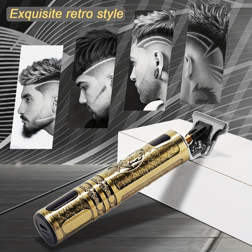 LED Hair Trimmer for Men – T-Blade USB Rechargeable 2000mAh, Vintage Dragon & Mustache Design, 4 Guide Combs, Cordless Precision Grooming