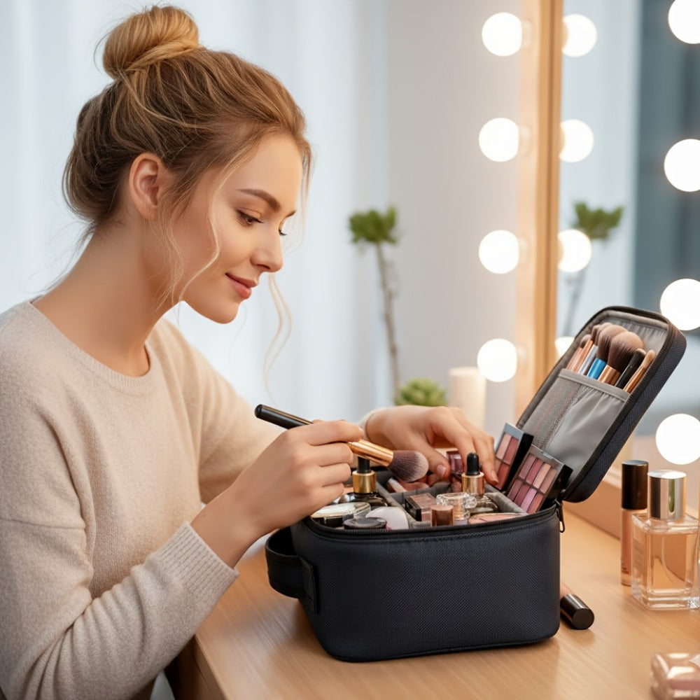 Makeup Bag Fabric Travel Case with Easy-Clean Lining and Top Handle for Travel, Vanity and Everyday Beauty Storage