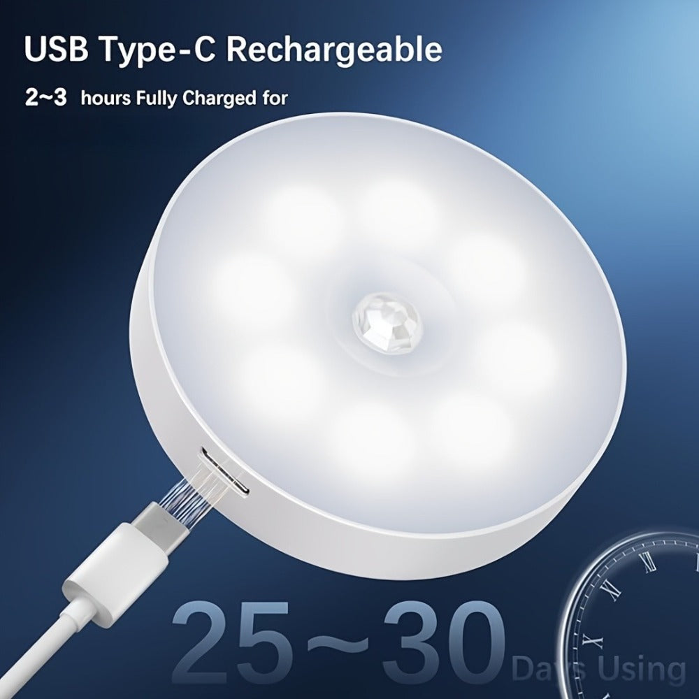 Night Light Motion Sensor 8-LED Puck Set with USB Rechargeable Power, Warm or White Light in 6- and 12-Piece Packs