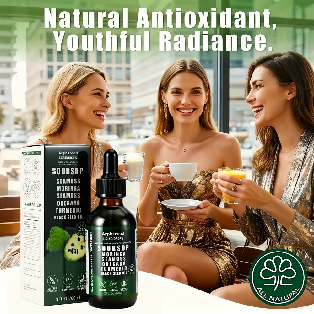 Soursop Graviola Liquid Drops 2 Fl Oz, Leaf & Fruit Blend with Sea Moss, Elderberry & Black Seed Oil