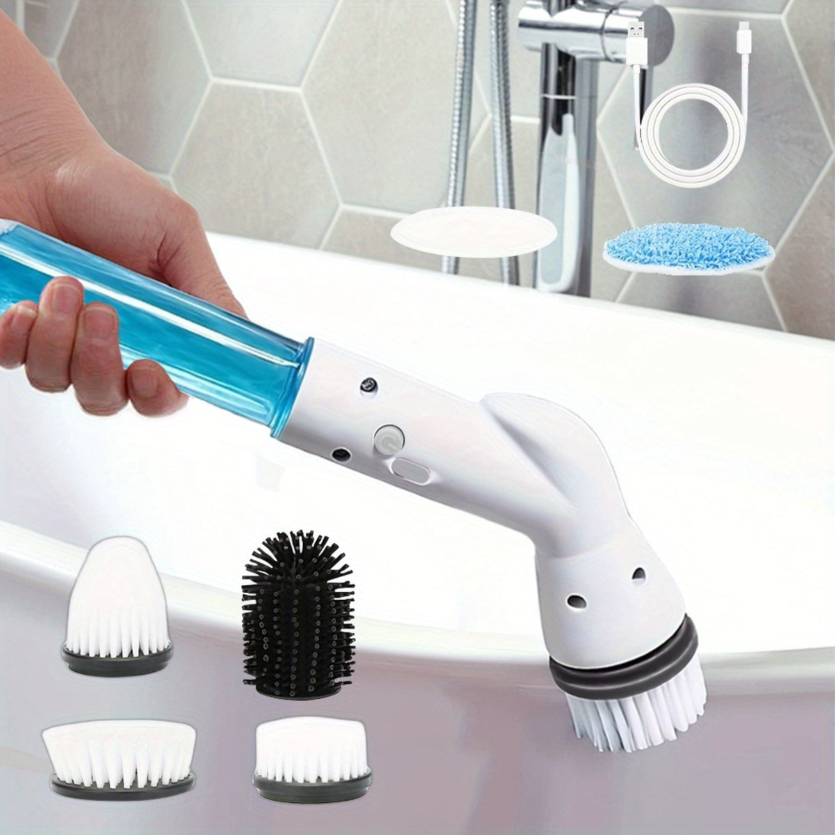 Electric Spin Scrubber Cordless Rechargeable - Adjustable Handle with 6 Brush Heads, All-Purpose Power Scrubber for Bathroom