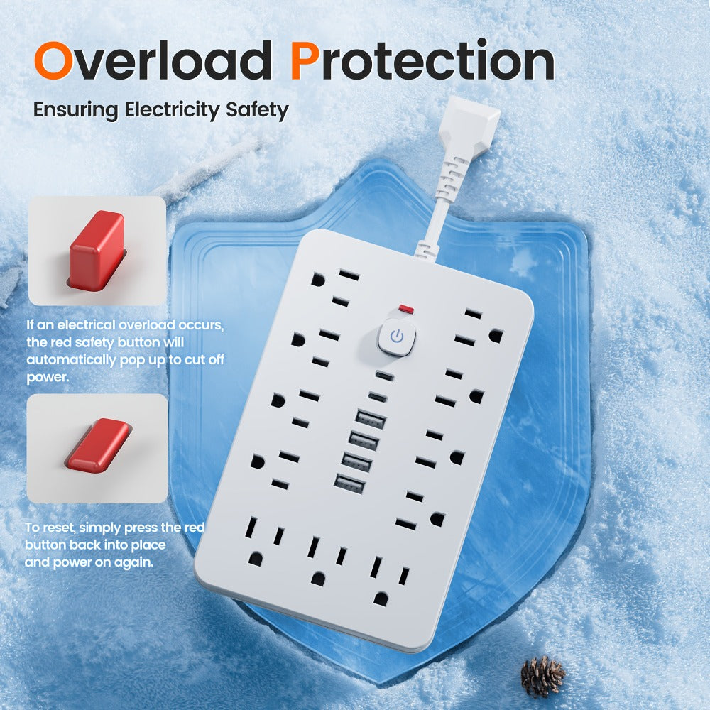 Power Strip with 11 AC Outlets, 4 USB-A, 2 USB-C and Short, 5-Foot or 10-Foot Standard or Braided Cord