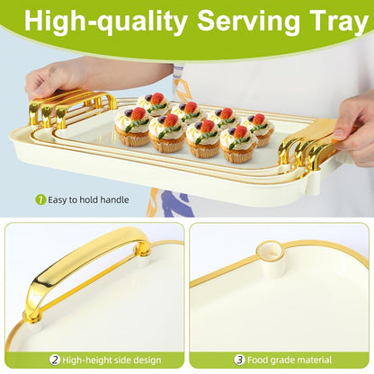 3-Piece Rectangular Serving Tray Set with Handles, Plastic Food Trays for Parties, Dinners & Gatherings