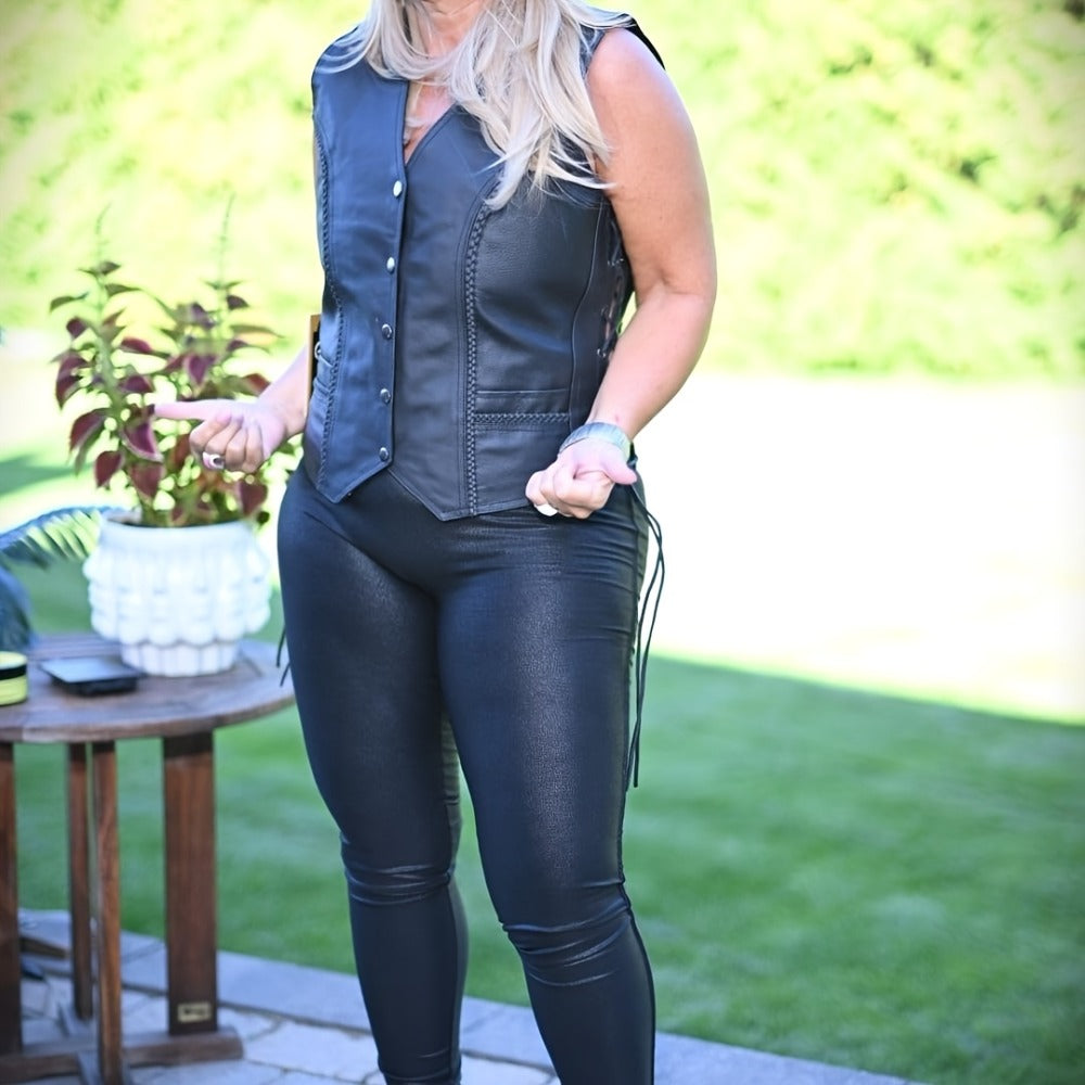 Women's Leather Motorcycle Vest – Concealed Carry Pockets, Lace-Up Sides, Metal Eyelet Accents, Adjustable Straps, Edgy Biker Style, Black
