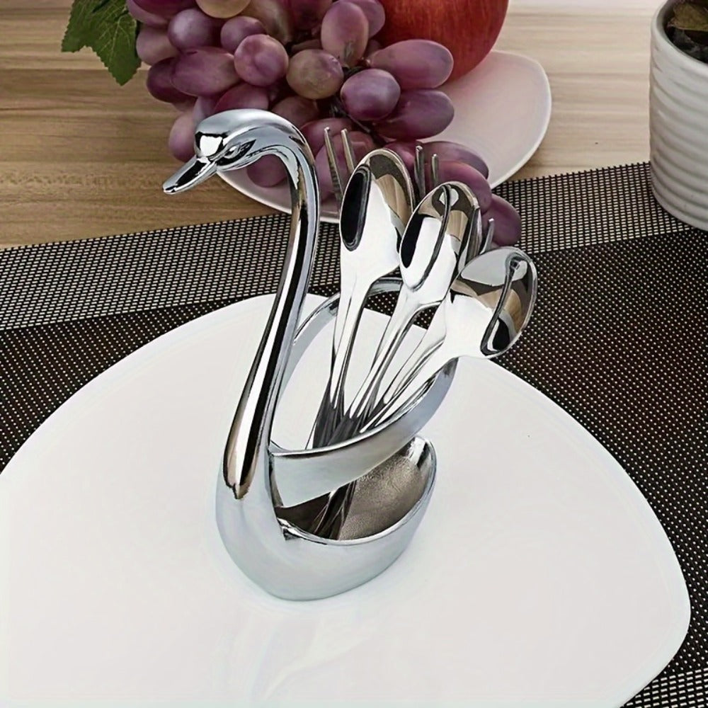 Swan Cutlery Rack Set 7pcs Stainless Steel Decorative Silverware Holder with 3 Forks for Entryways, Bedrooms and Living Spaces