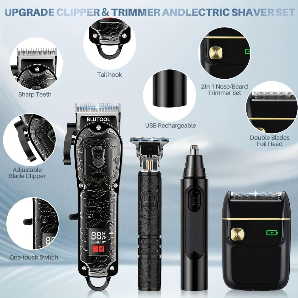 Men's Grooming Set USB Rechargeable Hair Clipper Electric Shaver Nose Ear Hair Trimmer for Everyday Face, Beard and Body Grooming