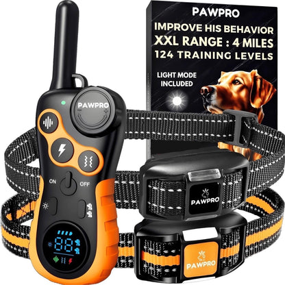 PAWPRO Dog Shock Collar 4-Mile Range Remote Training Collar – 124 Adjustable Levels, 4 Modes Beep Vibration Shock LED, Fits 5-135 lbs Dogs