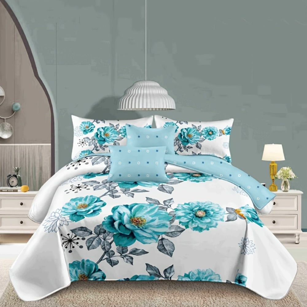 Botanical Floral Comforter and Pillowcase Set in Pink, Cyan or Lake Blue with Twin, Queen and King Sizes