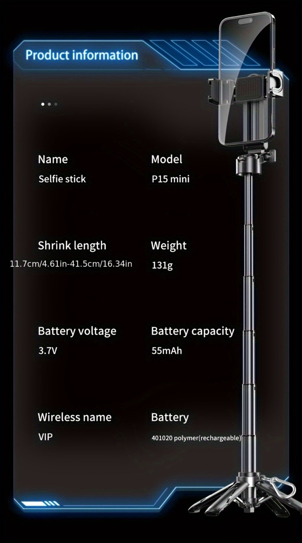 One-Click Release Selfie Stick Tripod 16 Inch Extendable with Wireless Bluetooth Remote & 360° Rotating Bracket