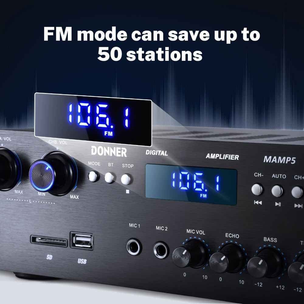 Donner 4-Channel Home Stereo Receiver Amplifier with USB SD FM Radio, Dual Mic Input Echo, RCA