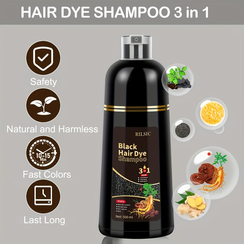 Grey Hair Dye Shampoo 3-in-1 Natural Plant-Based Herbal Formula – Non-Stick Scalp, Covers White Hair in Minutes, 500ml – Black, Dark Brown