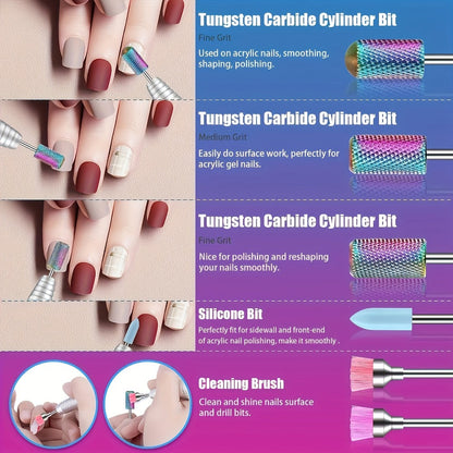 Nail Drill Bit Set Tungsten Steel & Ceramic Grinding Heads with Storage Box for Gel Removal Nail Enhancement