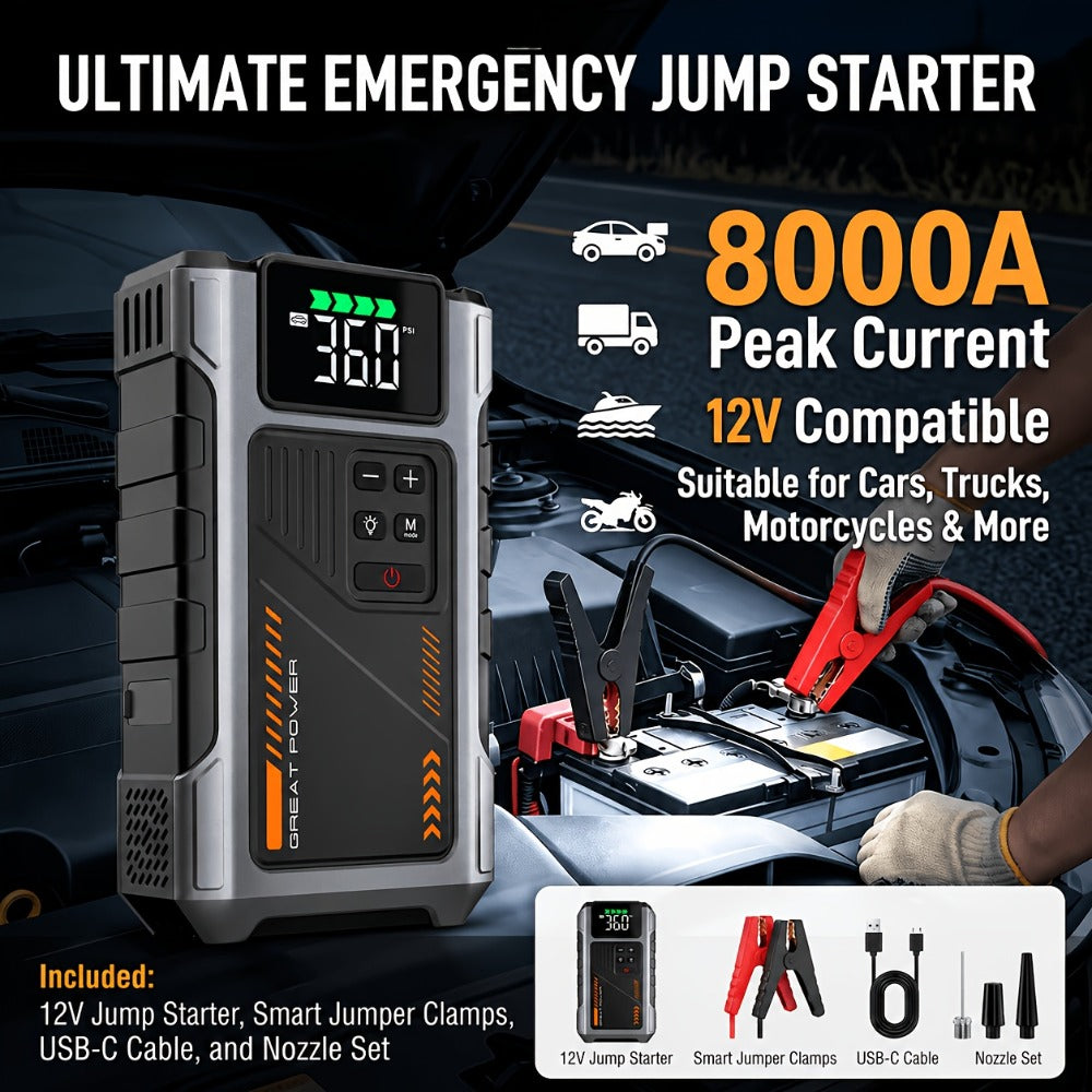 8000A Jump Starter with Air Compressor – 12V Portable Jump Box for Gas & Diesel Cars, USB Ports & LED Flashlight | Up to 8.0L Gas & 6.5L