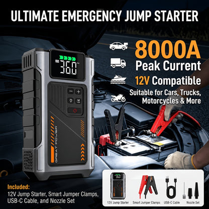 8000A Jump Starter with Air Compressor – 12V Portable Jump Box for Gas & Diesel Cars, USB Ports & LED Flashlight | Up to 8.0L Gas & 6.5L