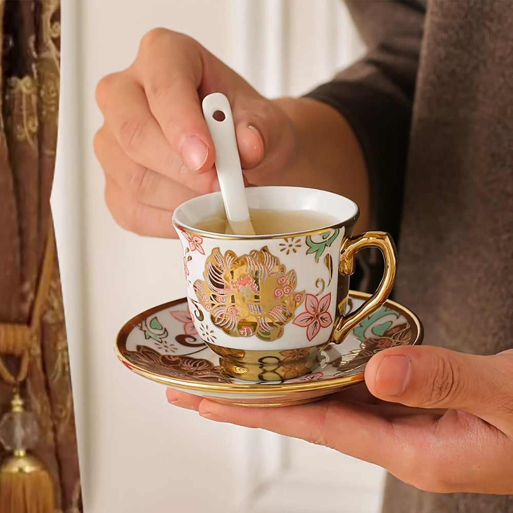 Floral Ceramic Tea Set 20 Pcs – European Porcelain Tea Cups & Saucers with Metal Holder & 15 Oz Teapot – Luxury Arabic Coffee Cup Set